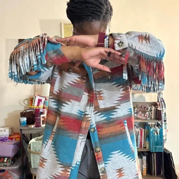 Southwestern Aztec Fringe Jacket | Oversized Tribal Print Shacket Coat - Picture 5 of 7